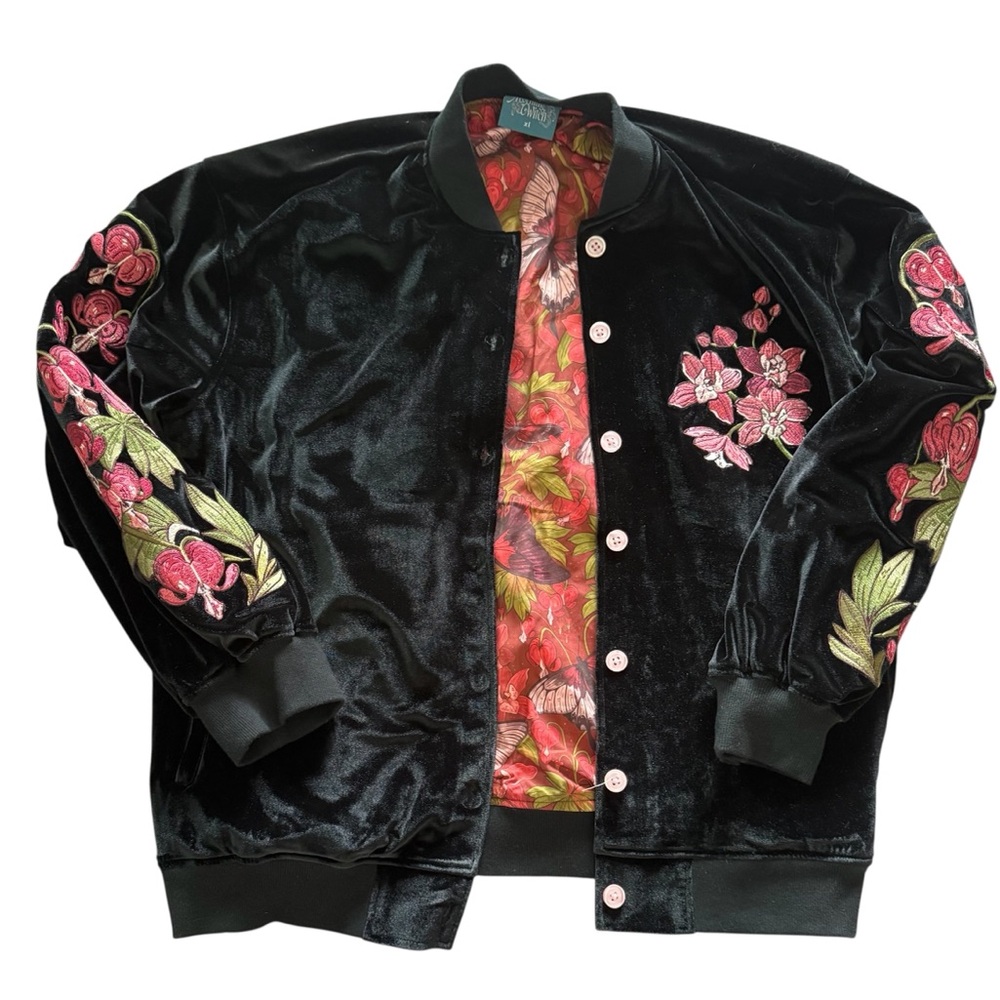 Morning Witch Black Velvet Bomber Jacket Floral Embroidery Pockets Size XL